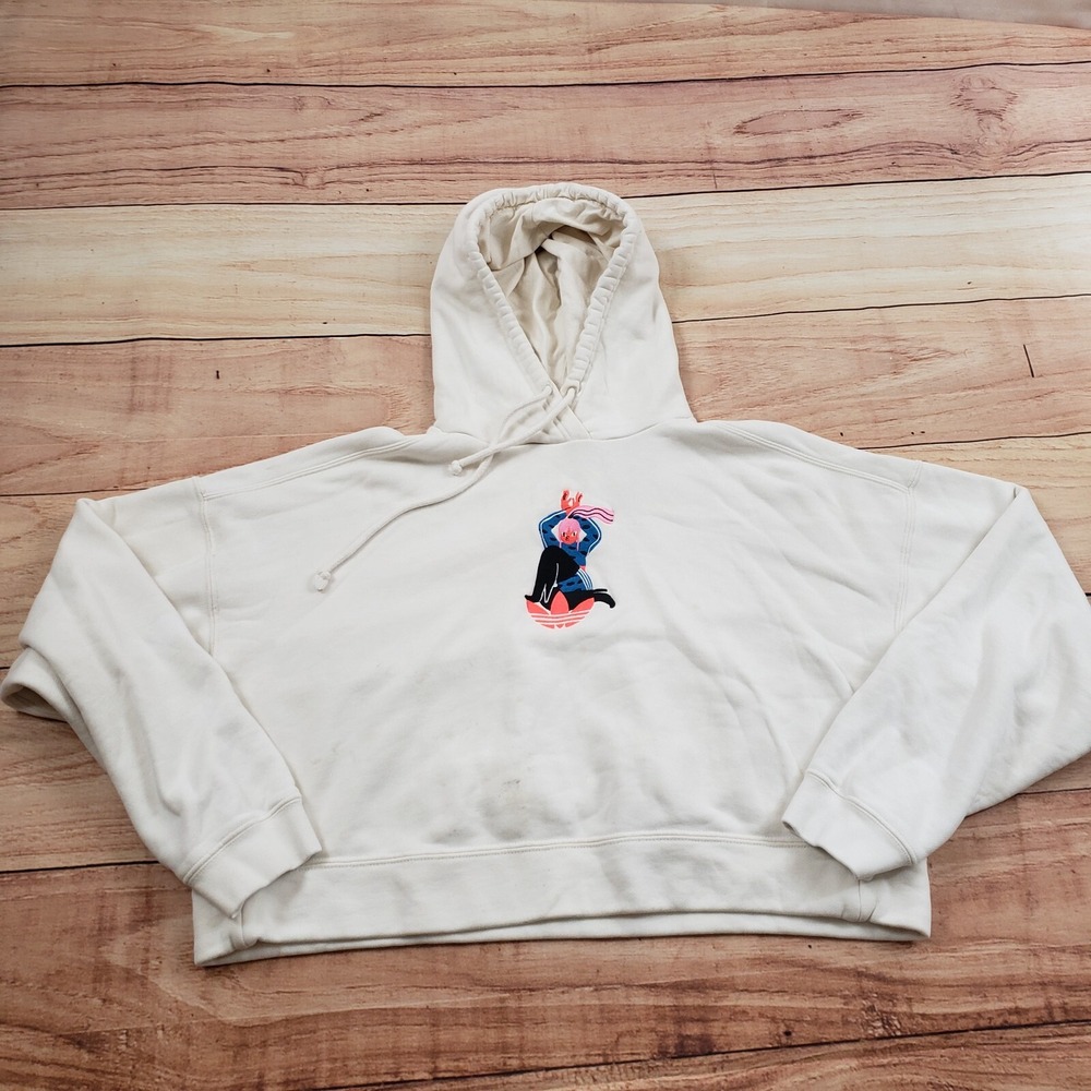 Adidas Sweater Womens Medium Beige Pink Cropped Outdoors Hooded‎ Logo Ladies *